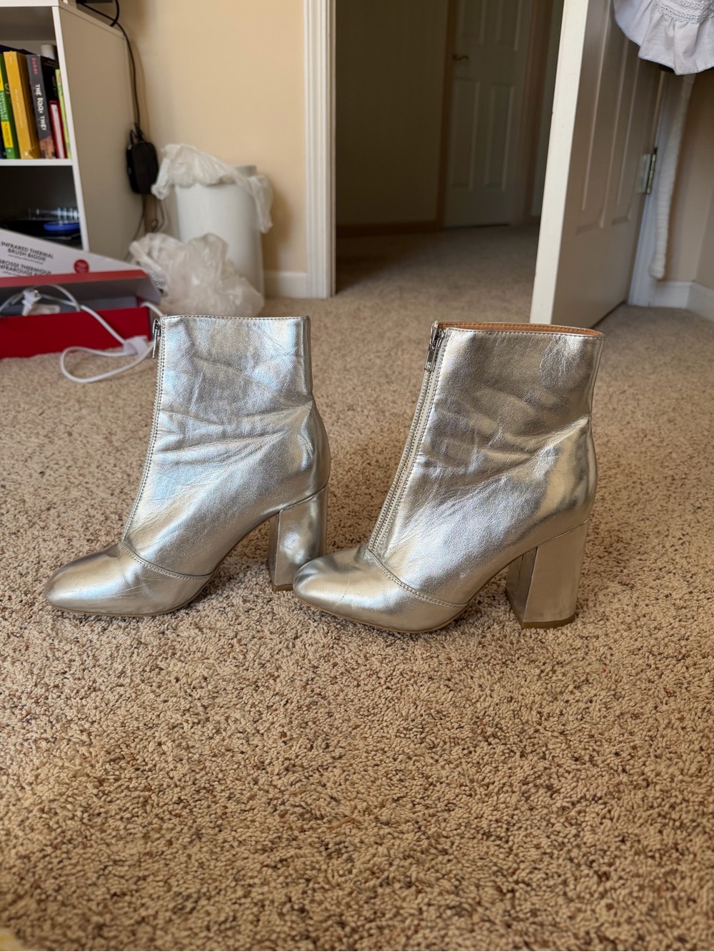 Silver Metallic Block Heel Ankle Boots